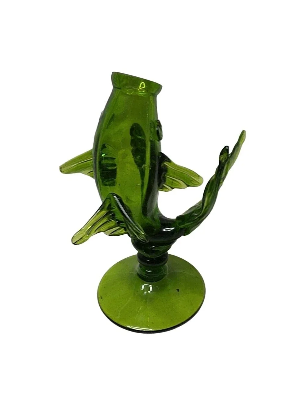 Vintage Empoli Glass Itay MCM Green Glass Fish Vase On Pedestal Hand Blown